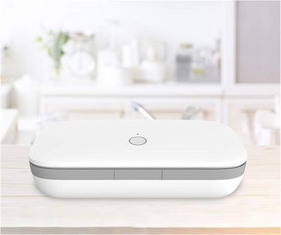 White rectangular UV mobile phone sterilizer box with rounded corners and a gray band, featuring a subtle power indicator. - Image 7