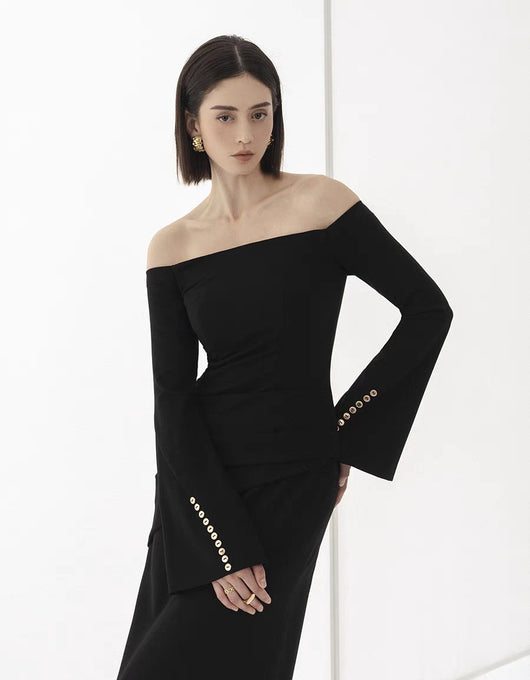 Vestido Elegante Cuello Barco con Mangas Campana y Cintura Ajustada - Image 10