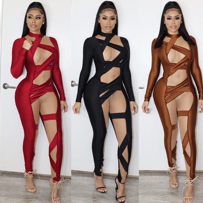 Jumpsuit Ajustado con Panel de Malla de Manga Larga para Mujer