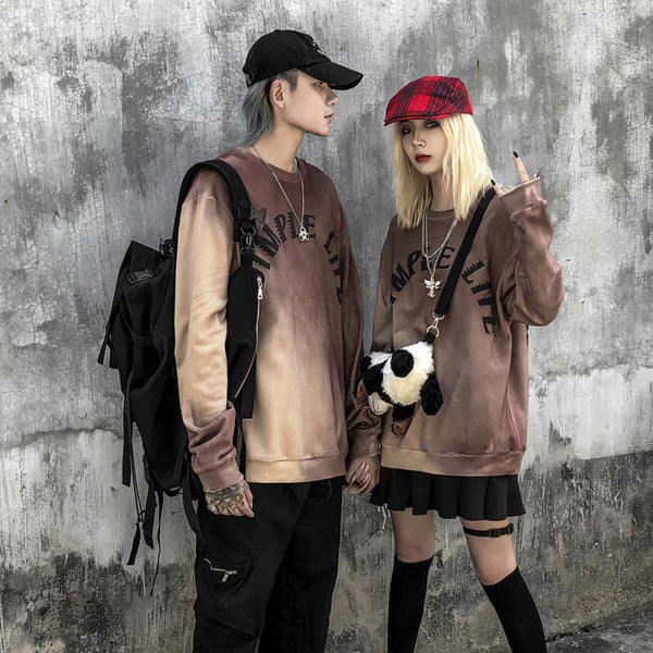 Suéter Tie Dye Retro Cuello Redondo para Parejas - Estilo Urbano Distressed