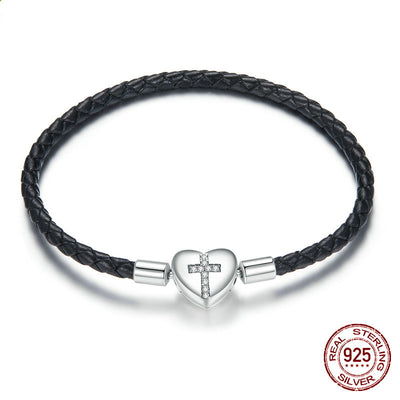 Pulsera de Plata Esterlina 925 Corazón Amor con Cruz Trenzada Negra - Image 3