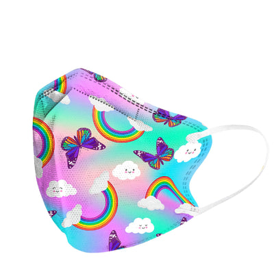 Children's disposable face mask with a colorful rainbow, butterfly, and cloud pattern, shown in a pack of 10. - Image 5