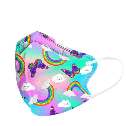 Children's disposable face mask with a colorful rainbow, butterfly, and cloud pattern, shown in a pack of 10. - Image 5