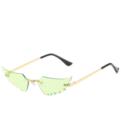 Purple wing-shaped rimless sunglasses with gold-colored metal arms and black ear tips on a white background. - Image 8