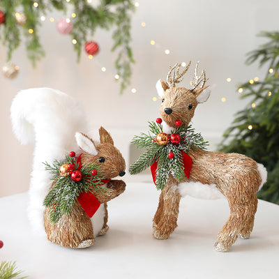 Adornos Navideños de Paja - Alce y Ardilla para Decoración Escénica