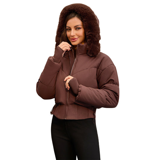 Chaqueta Corta de Algodón con Cuello de Pelaje y Cintura Ajustada - Image 4