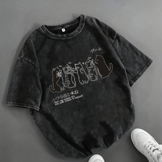 Playera Holgada para Hombre con Estampado de Gato Cartoon