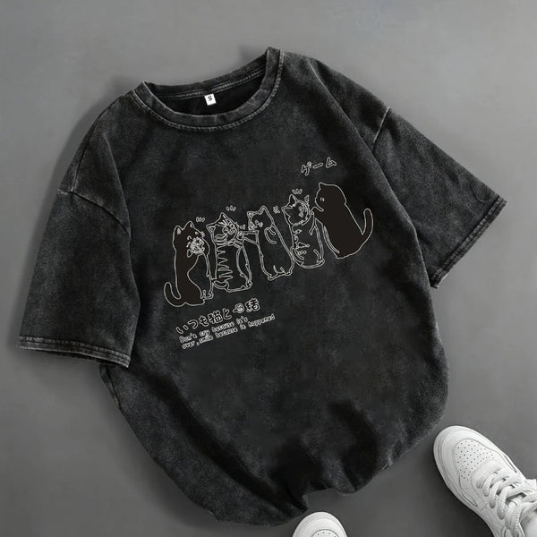 Playera Holgada para Hombre con Estampado de Gato Cartoon
