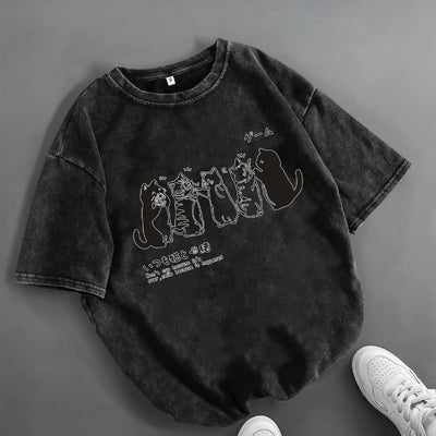 Playera Holgada para Hombre con Estampado de Gato Cartoon