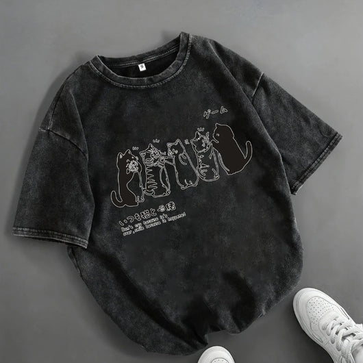 Playera Holgada para Hombre con Estampado de Gato Cartoon