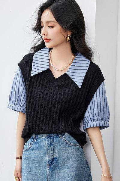 Blusa Esbeltecedora de Dos Piezas con Rayas y Mangas Puff - Image 6