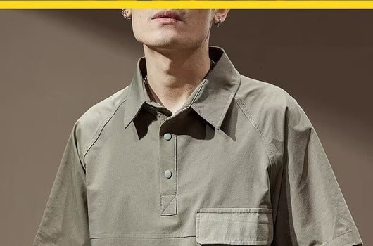 Men's khaki short-sleeve polo shirt with a lapel collar, three buttons, and a large flap chest pocket with a D-ring. - Image 11