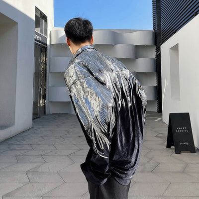 Camisa de Terciopelo con Lentejuelas y Bordados de Plumas para Hombre - Image 7