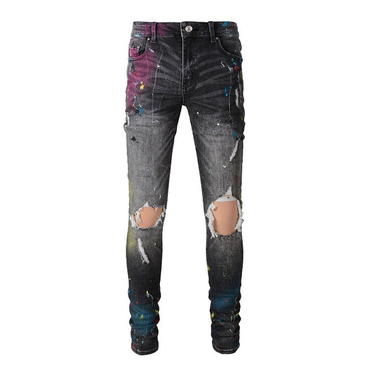 Jeans Gris Stretch Vintage con Efecto Pintura Desgastada para Hombre - Image 8