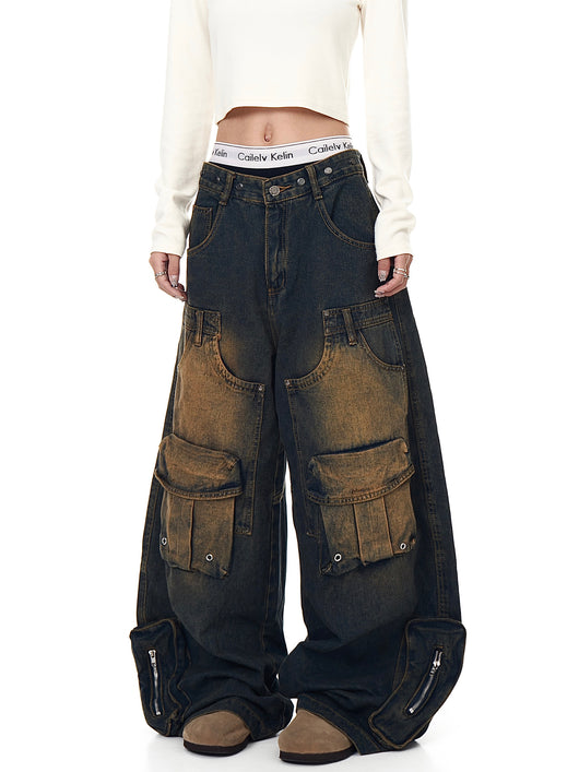 Pantalones Cargo Vintage Desgastados Multi-bolsillos Pierna Ancha Suelta - Image 21