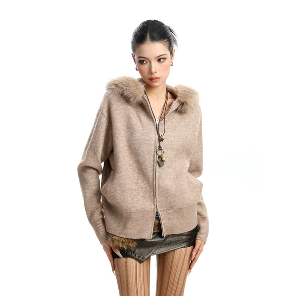 Abrigo Cardigan con Capucha y Cuello de Pelaje Beige para Mujer