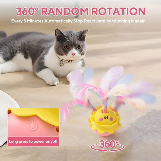 Interactive automatic cat feather toy with a yellow and pink base, featuring white, pink, and blue feathers. - Image 15