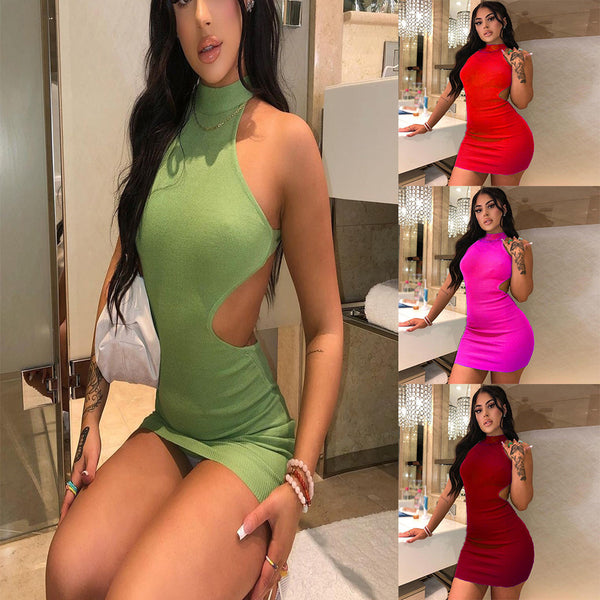 Vestido Elegante Escote Alto con Espalda Descubierta y Cintura Ajustada