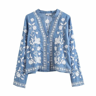 Camisa Denim de Algodón Tencel con Cuello V y Bordados para Mujer - Image 5