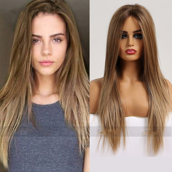 Peluca Larga Castaño Claro Cabello Liso Resistente al Calor