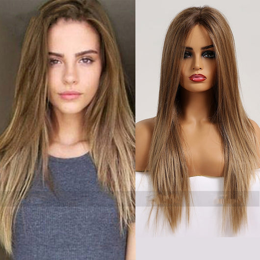 Peluca Larga Castaño Claro Cabello Liso Resistente al Calor - Image 2