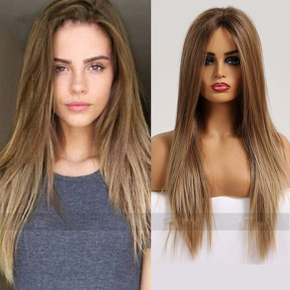 Peluca Larga Castaño Claro Cabello Liso Resistente al Calor