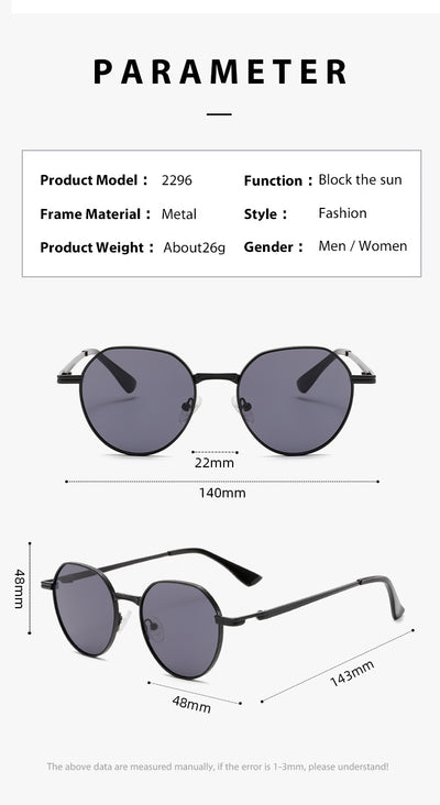 Round metal sunglasses with silver frames and dark gray lenses, featuring black temple tips, on a white background. - Image 11