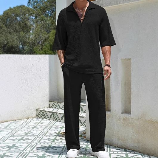 Conjunto Casual de Dos Piezas: Camisa Manga Corta y Pantalón Color Sólido - Image 4