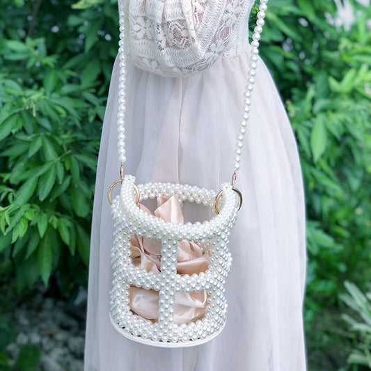 Bolso Bucket de Perlas Huecas para Mujer - Diseño Elegante y Versátil