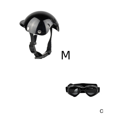 Black pet helmet with an adjustable chin strap and a pair of black pet goggles with an elastic strap. - Image 8