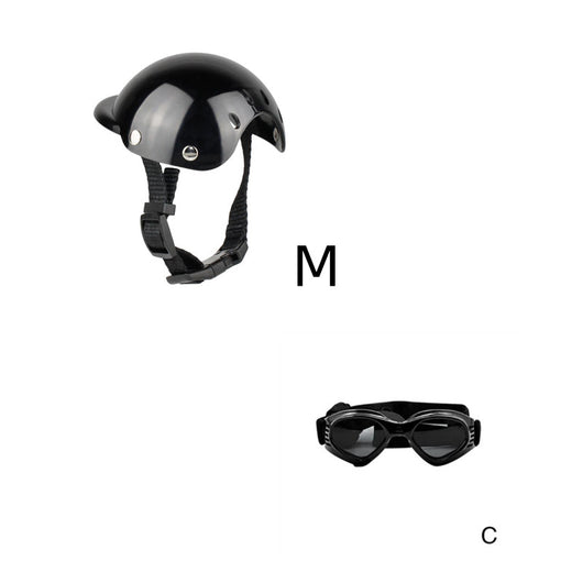 Black pet helmet with an adjustable chin strap and a pair of black pet goggles with an elastic strap. - Image 8