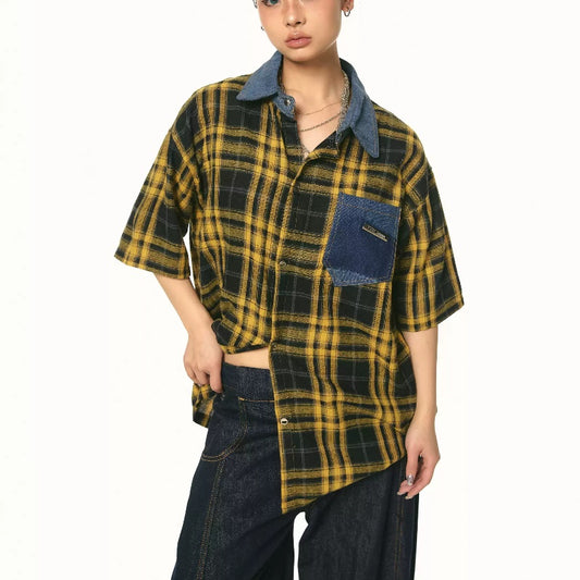 Camisa Retro de Cuadros Patchwork Contraste - Manga Corta Verano