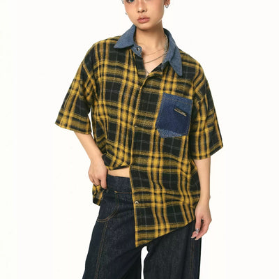 Camisa Retro de Cuadros Patchwork Contraste - Manga Corta Verano