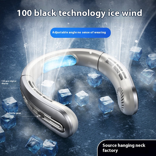 Ocean blue portable neck fan with digital display, showing 100 fan speed, designed for outdoor sports and personal cooling.