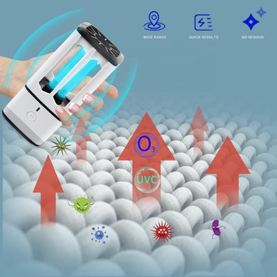 White portable UV disinfection lamp with a black top and base, featuring a visible blue UV light tube and power button. - Image 7