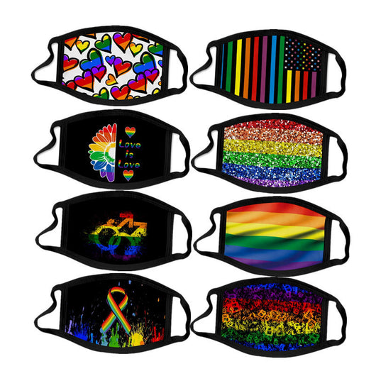 Rainbow camouflage face mask with horizontal stripes of red, orange, yellow, green, and blue, bordered by black fabric. - Image 19