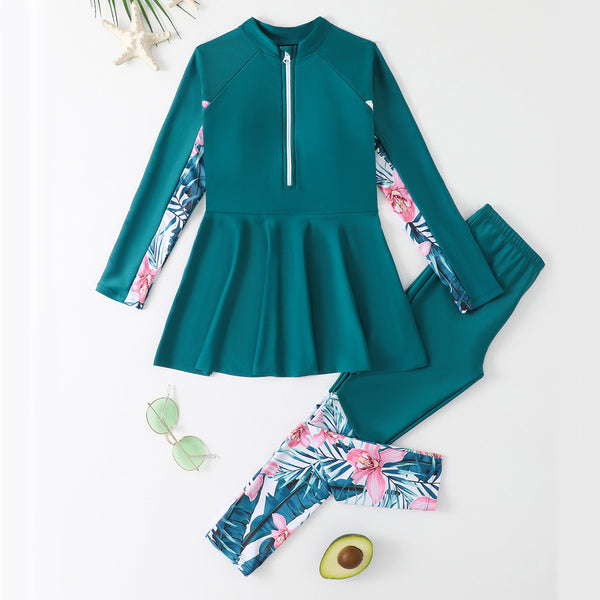 Traje de Baño Conservador de Dos Piezas con Mangas Largas para Niñas Talla M-L