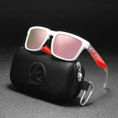 Men's and women's dazzling blue and black striped polarized sunglasses with gray lenses and a black case. - Image 3