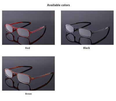 Two pairs of folding anti-blue light reading glasses, one brown and one black, partially folded on a white surface. - Image 13