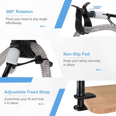 White flexible gooseneck ventilator hose bracket with a device clamp and a C-clamp base. - Image 2