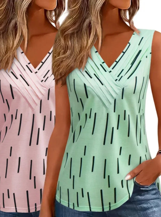 Women's Sleeveless V-Neck Tank Top With Geometric Print 2PC Set