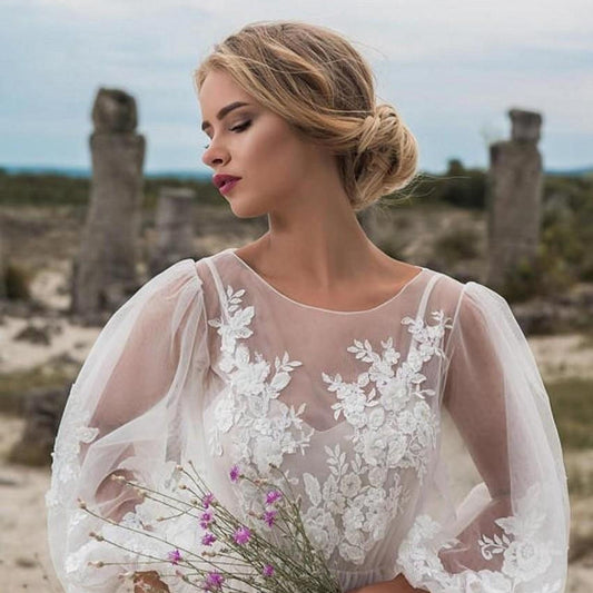 Vestido de Novia Elegante con Cuello Redondo y Bordado en Gasa