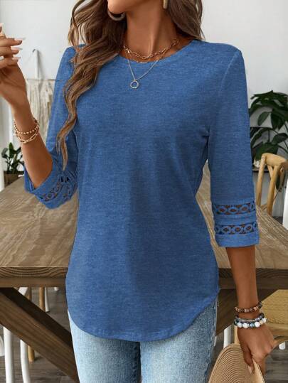 Blusa Casual para Mujer con Cuello Redondo, Encaje Patchwork y Mangas 3/4 - Image 7