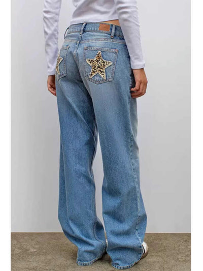 Jeans Vintage Americana con Estampado de Leopardo y Estrellas Bordadas - Image 4