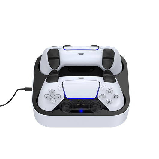 White and black dual charging dock for PS5 gamepads, featuring two charging ports and two storage slots. - Image 16