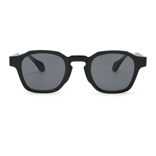 Classic fashion sunglasses with a black and tortoiseshell quadrilateral frame and dark green lenses, angled view. - Image 2