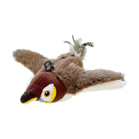 Plush brown and white bird cat toy with yellow accents, a feather tail, and a black clip on its back. - Image 3