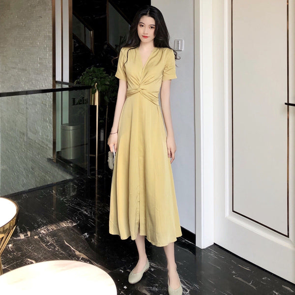 Falda Larga Amarillo Claro con Cintura Campánula Floral Francés
