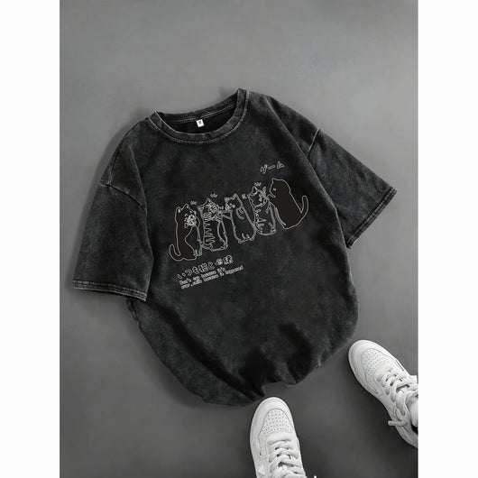 Playera Holgada para Hombre con Estampado de Gato Cartoon - Image 6