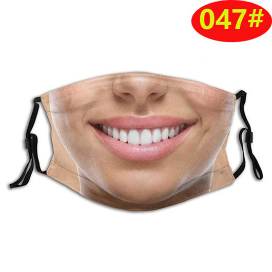 Novelty face mask with a realistic print of a smiling man's lower face and a prominent brown mustache. - Image 3